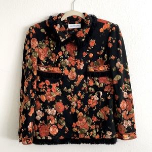 Luxury Brand Leonard Paris Black Wool Floral Button Front Fringed Blazer Jacket